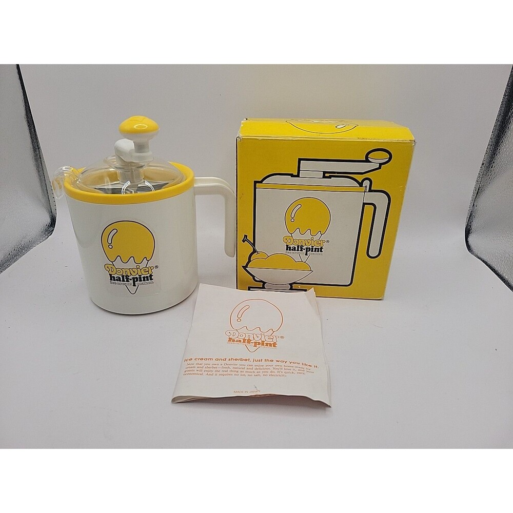 Vintage 1980s Donvier Ice Cream Maker Half-Pint Hand Crank Yellow w/ Box Manual